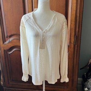 Sundance Cream Graceful Lace Top, Accent Long Sleeve, Elastic wrist, NWT, L